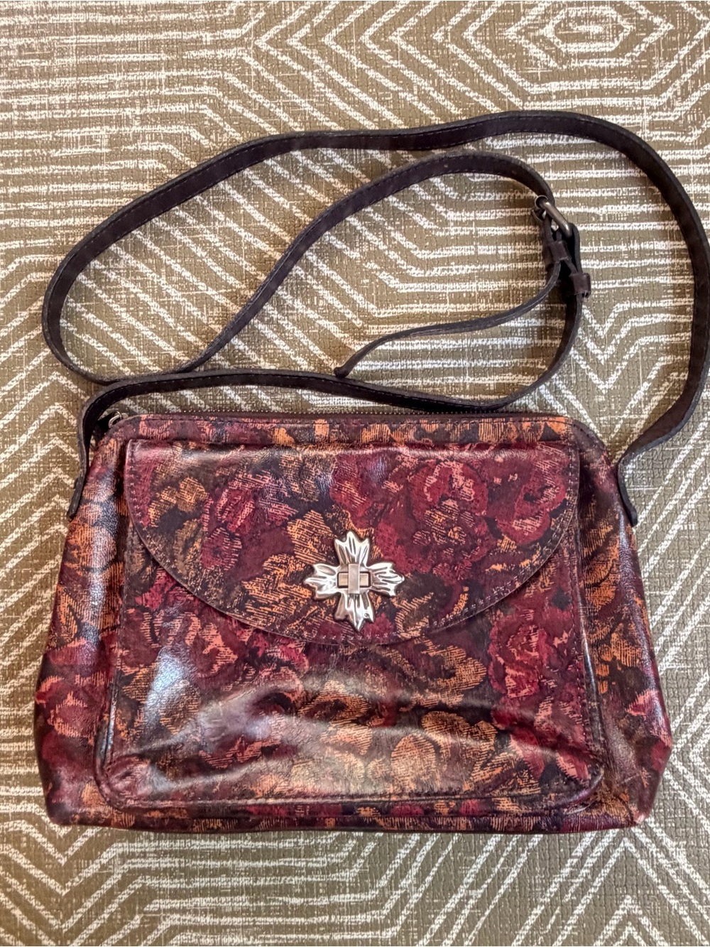 Patricia Nash Floral Tooled Leather Crossbody Bag Vintage Tapestry Print Boho